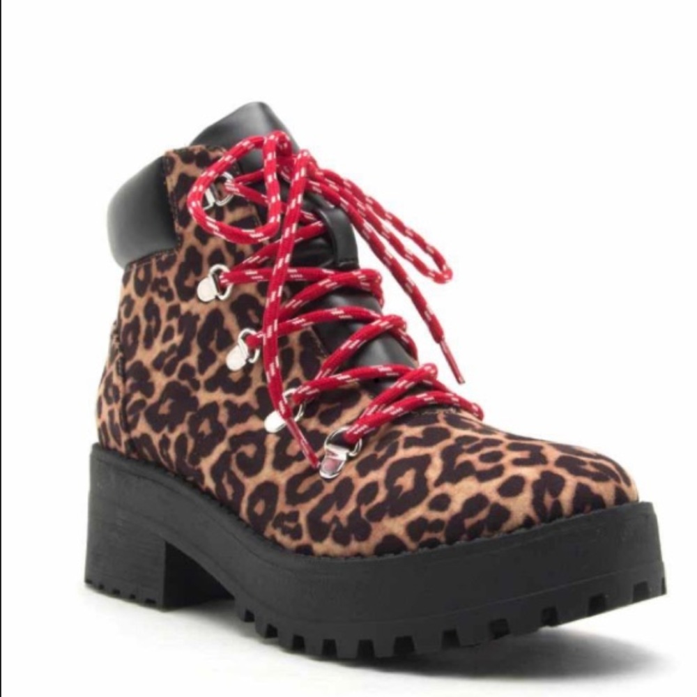 Qupid Camel Leopard lace up booties